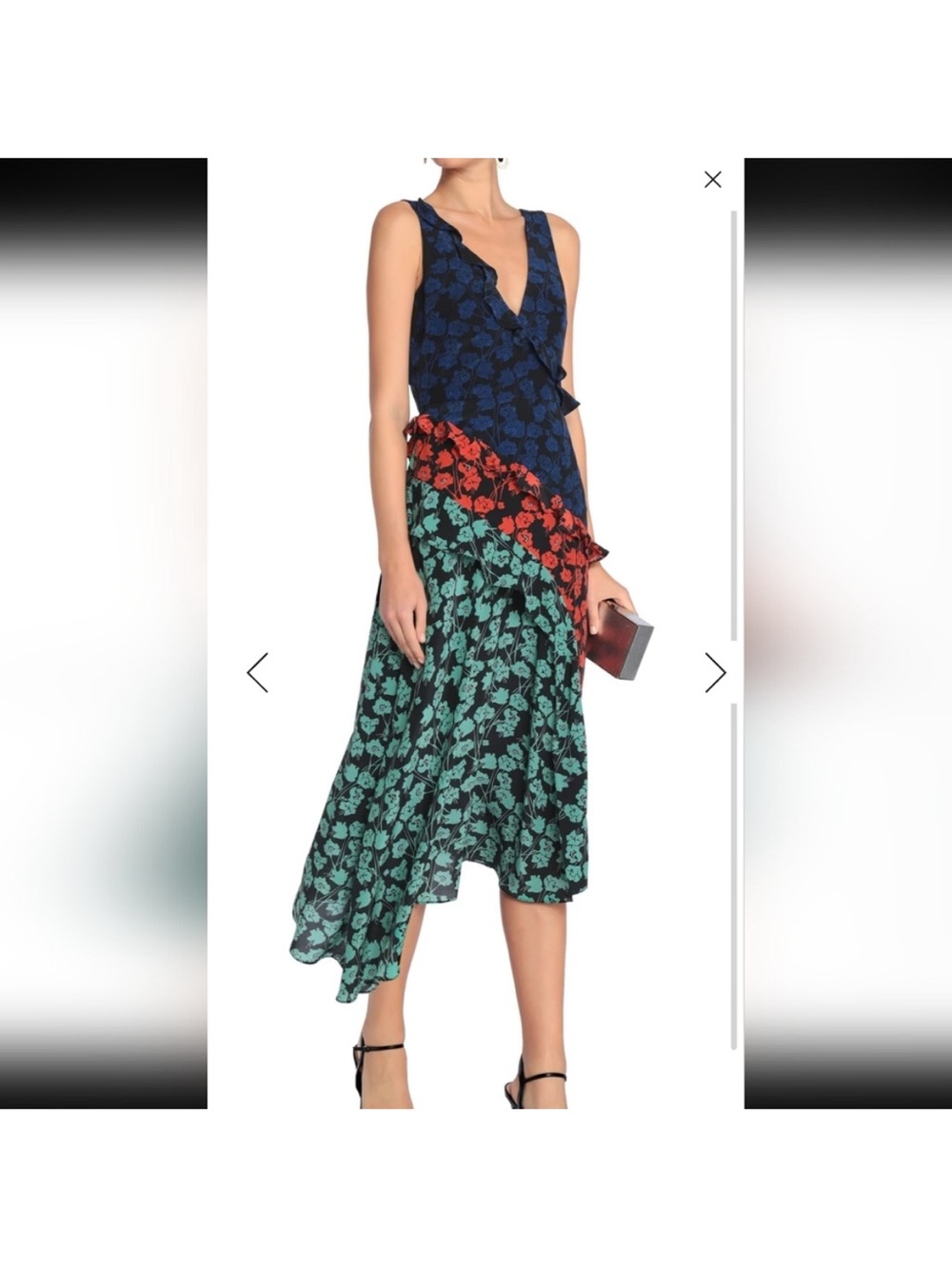 Saloni Sleeveless V-neck Midi Length Floral Silk Dress Ruffle Assymetrical Hem 4